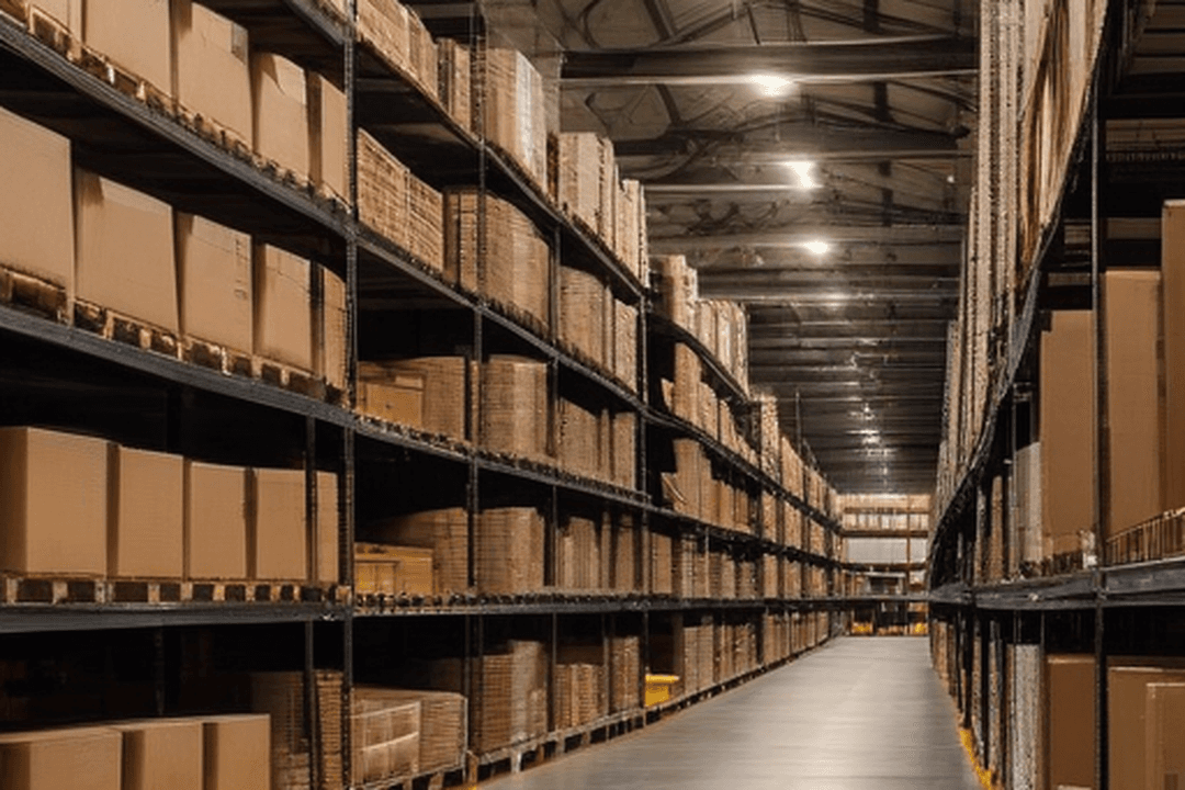 A large ecommerce fulfilment warehouse aisle stacked with boxed products, standing in for a big product catalogue.